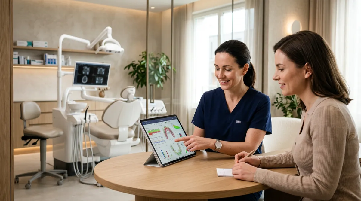 Consulta en clínica odontológica premium con tablet y plan de tratamiento (FinWise)