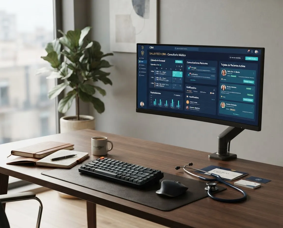Escritorio moderno de consultoría tecnológica sanitaria con monitor mostrando panel CRM y calendario de citas
