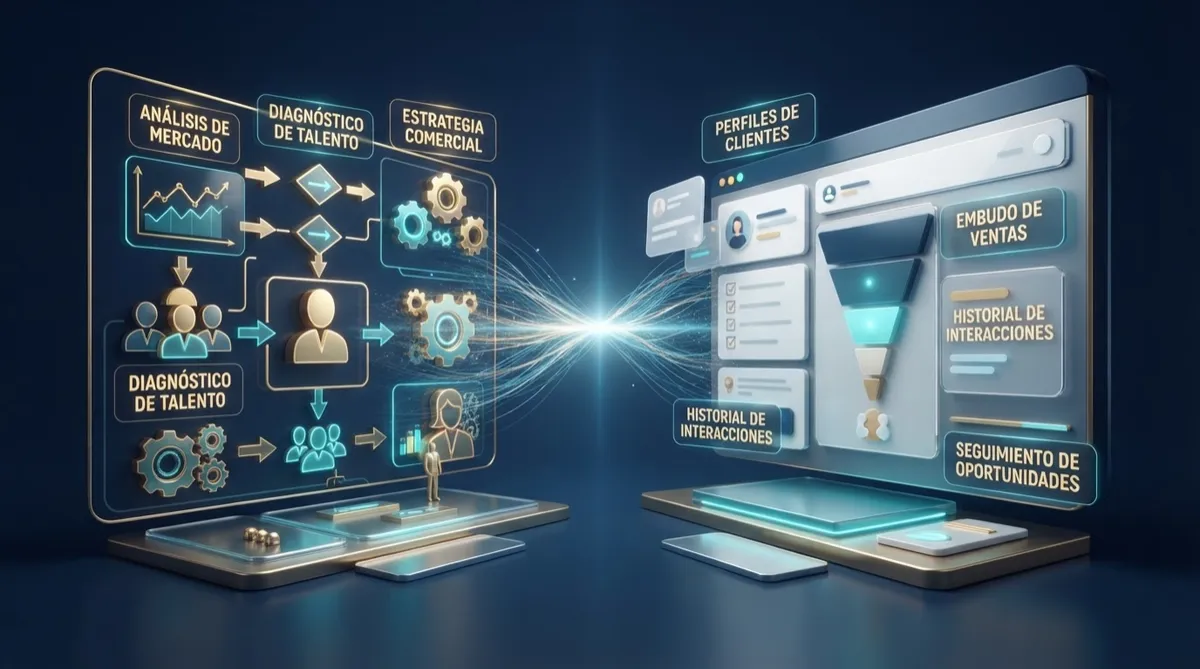 Ecosistema integrado FinWise con interfaz tecnológica de CRM y visualización de procesos comerciales para clínicas