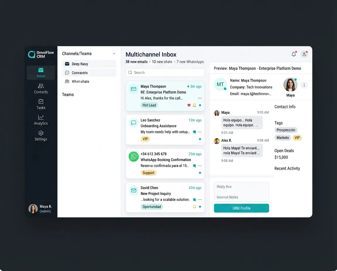 Interfaz conceptual de bandeja de entrada multicanal de CRM con panel de conversaciones y tareas