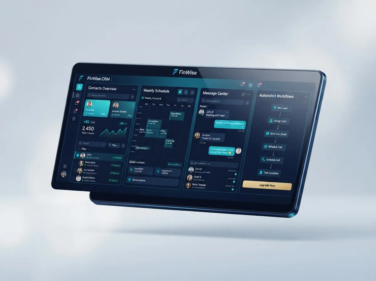 Mockup 3D tecnológico del software CRM FinWise Business Suite para clínicas de alto valor