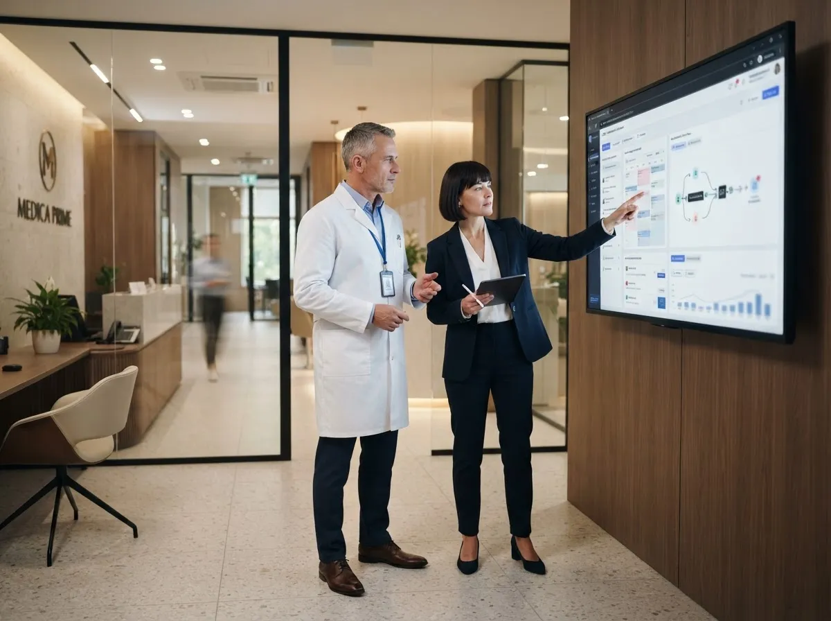 Clínica moderna de alto nivel: especialista de salud y consultor de tecnología analizando una pantalla con CRM, calendario de citas y automatización