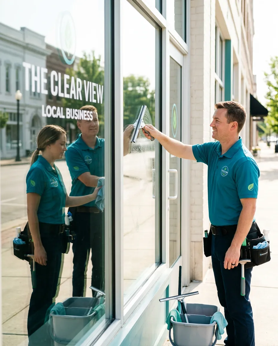 Professional window cleaning team servicing a bright storefront with crystal-clear reflections