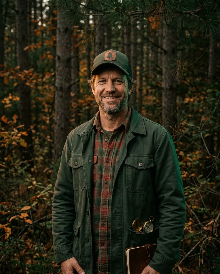 Local Price County land expert holding timber topography maps in an autumn forest