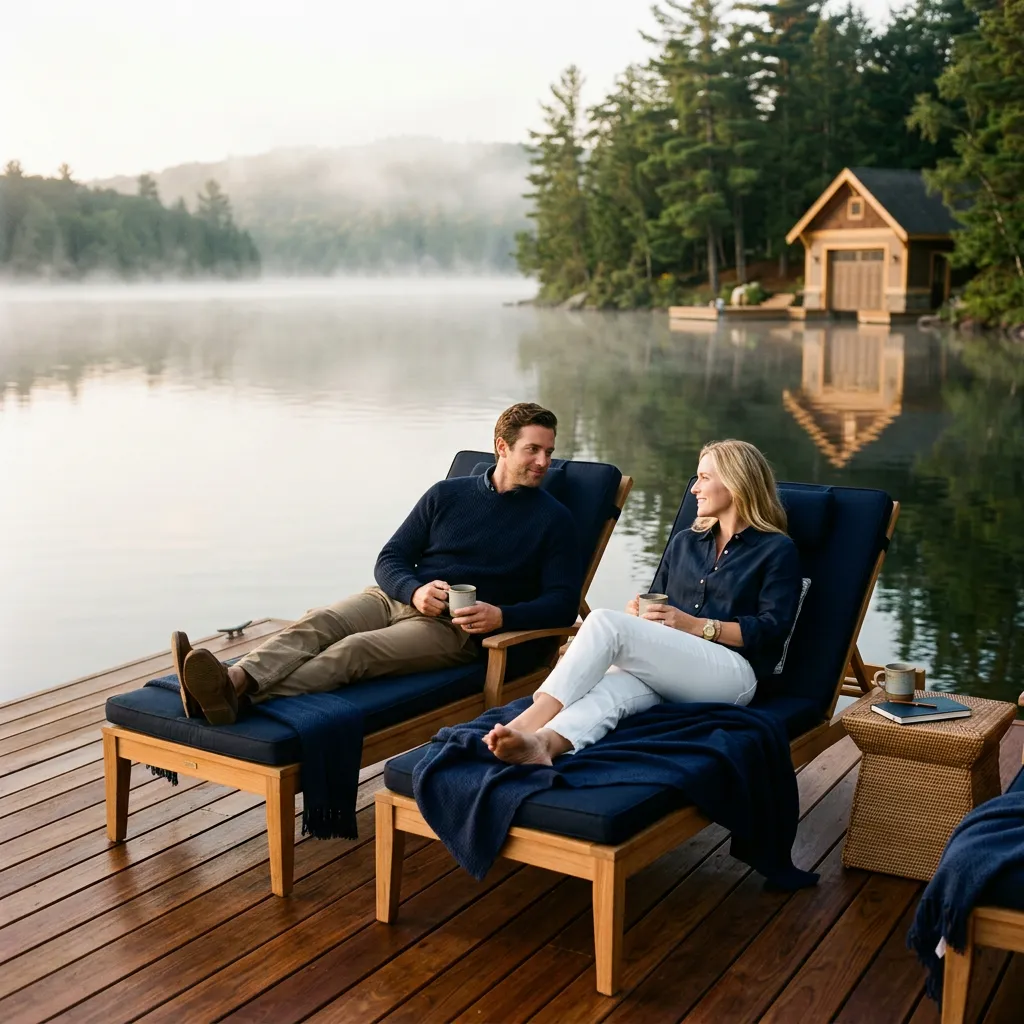 Serene morning lifestyle at private lakefront estate dock overlooking calm waters