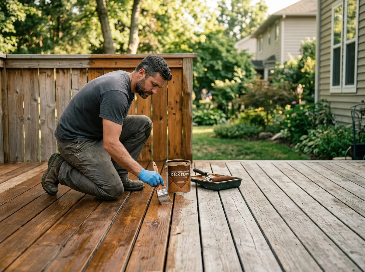 Male contractor applying deck and fence stain to cedar wood