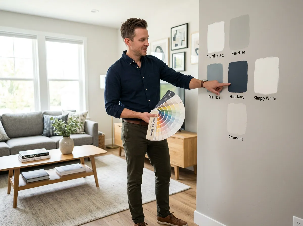 Male colour consultant reviewing paint swatches and a colour fan deck
