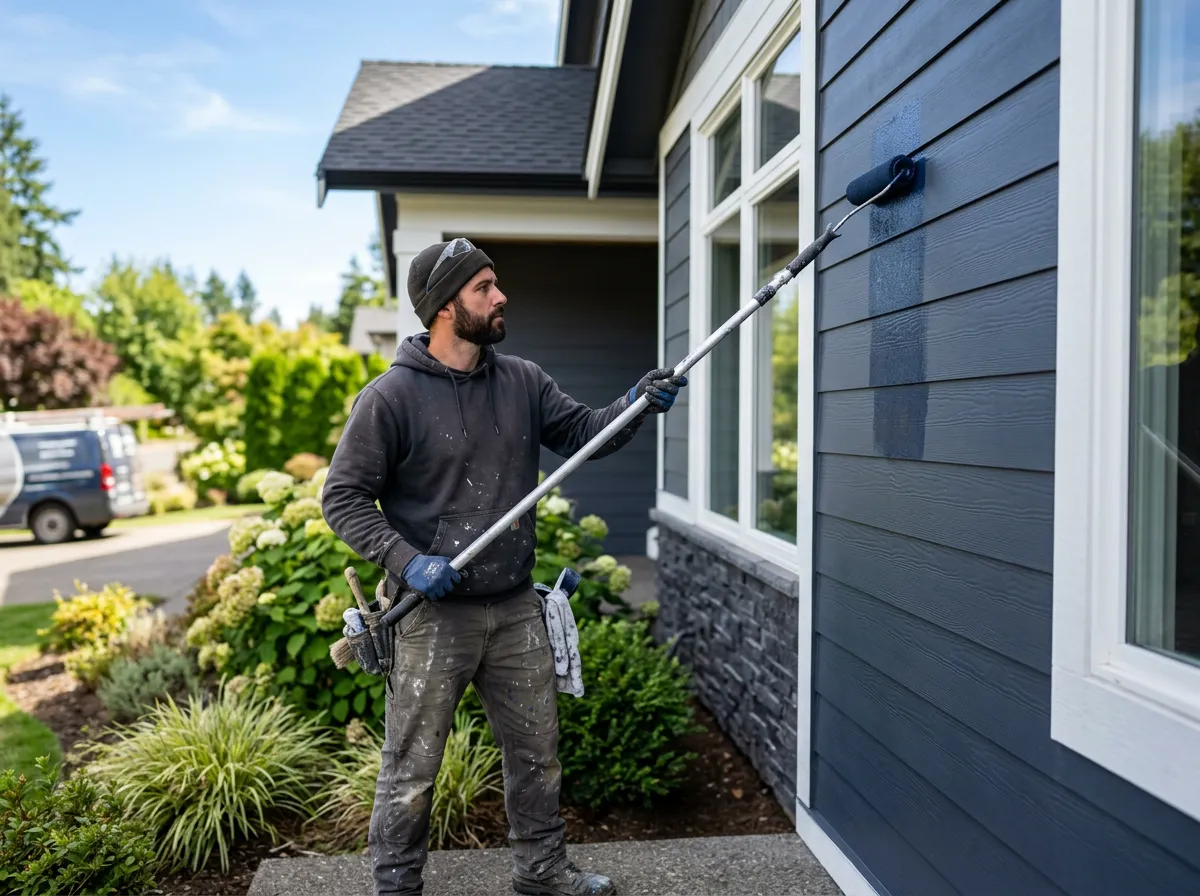 Male painter applying exterior house paint to siding (London, Ontario)