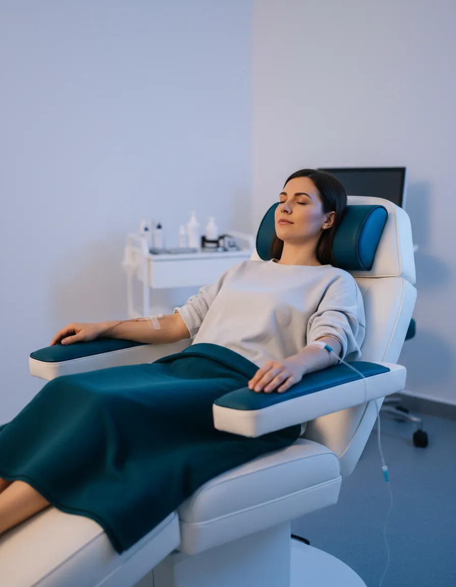 Patient relaxing during IV hydration drip
