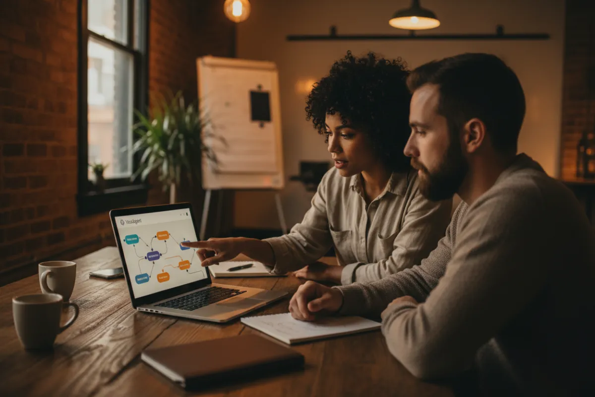 Onboarding session reviewing a VoxAgent flow on a laptop