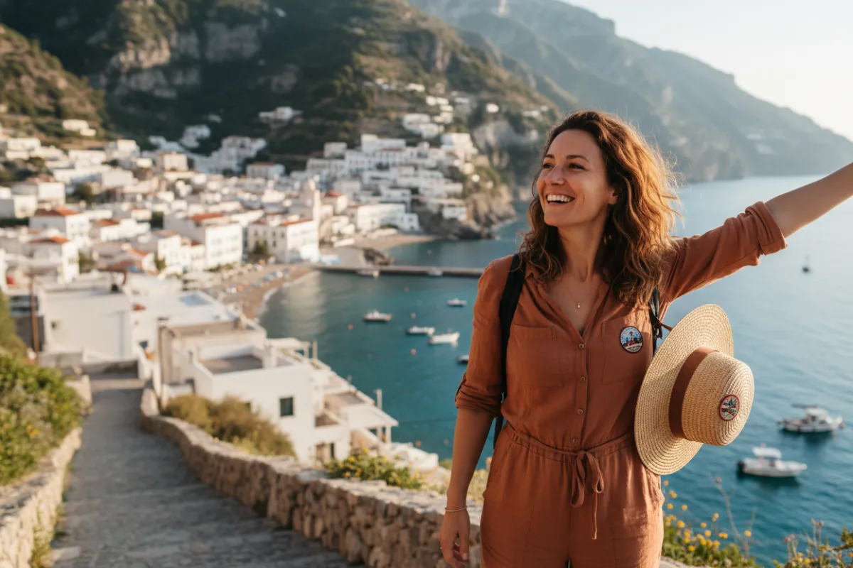 Female solo traveler with backpack at a scenic overlook, promoting a free travel guide