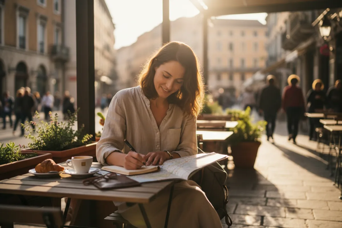 Solo female traveler with a backpack promoting a free guide