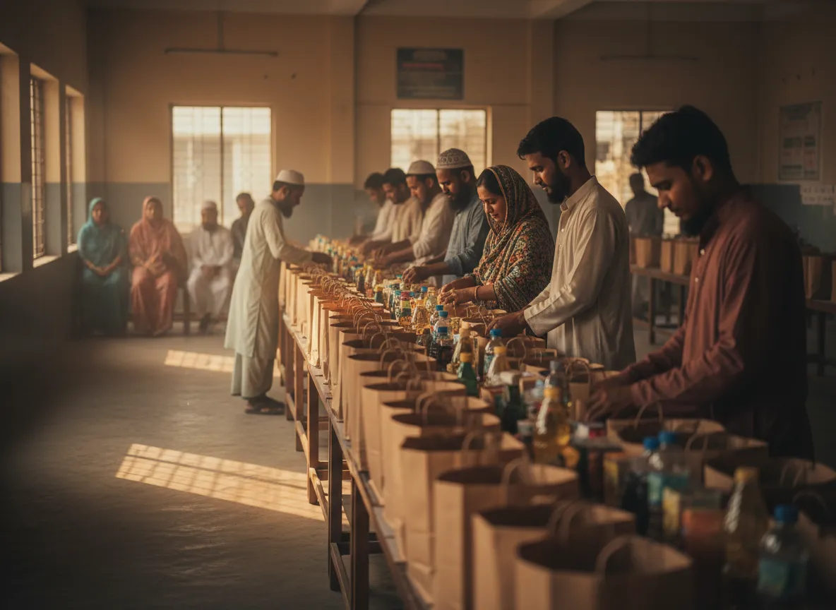 Volunteers packing Ramadan food parcels