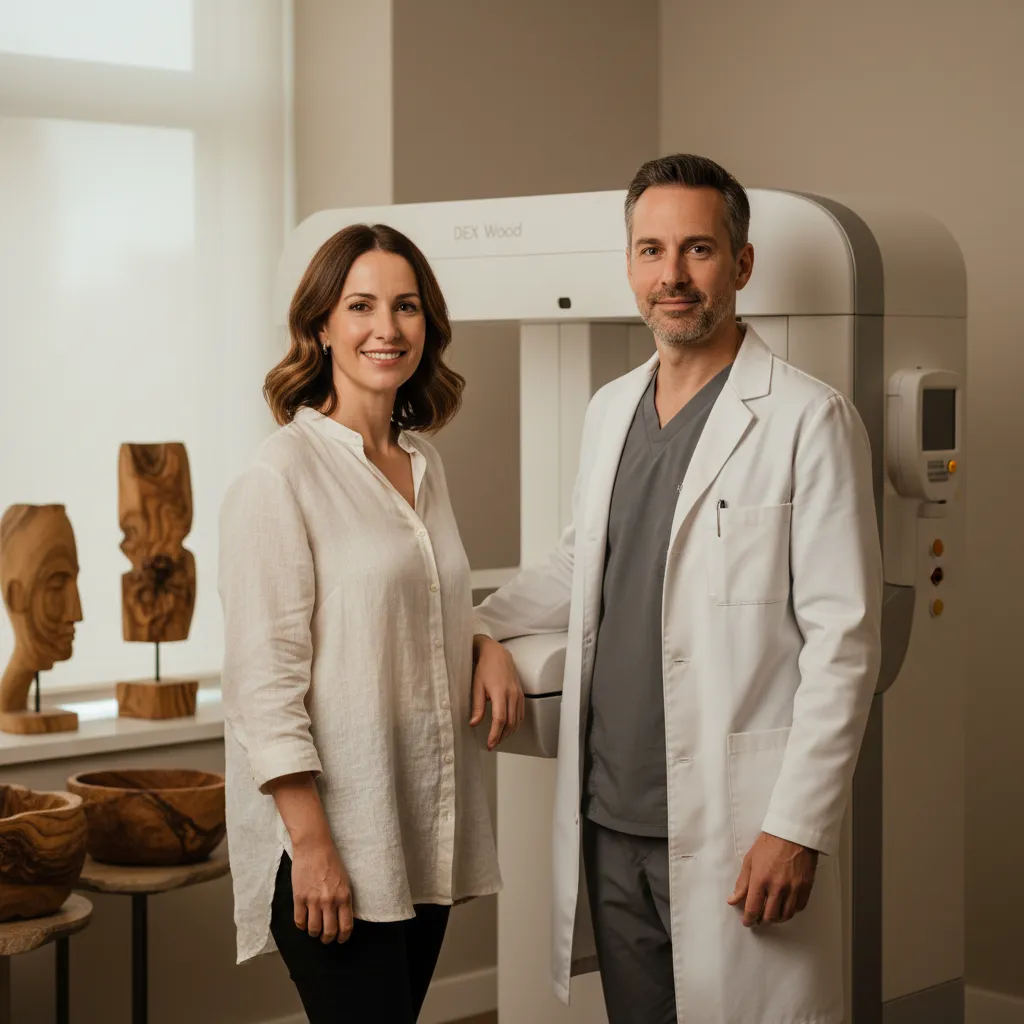 Woman smiling with clinical-grade DEXA equipment