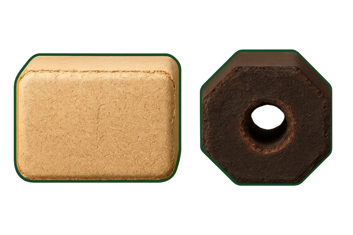 RUF and Pini Kay briquettes displaying their distinct shapes