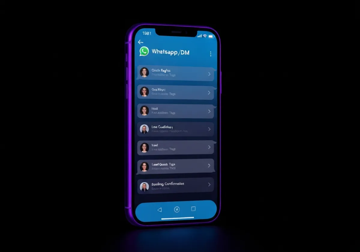Neon blue/purple chat automation mockup on black