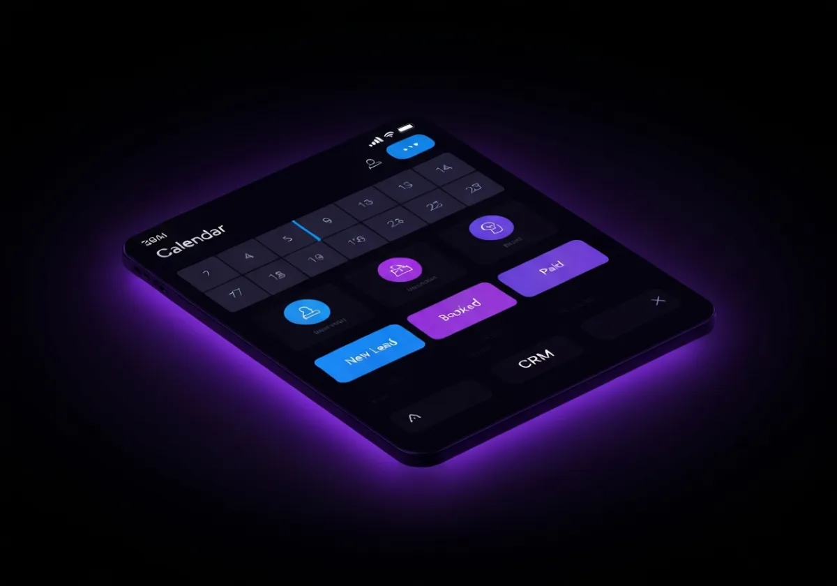 Neon blue/purple scheduling + CRM mockup on black