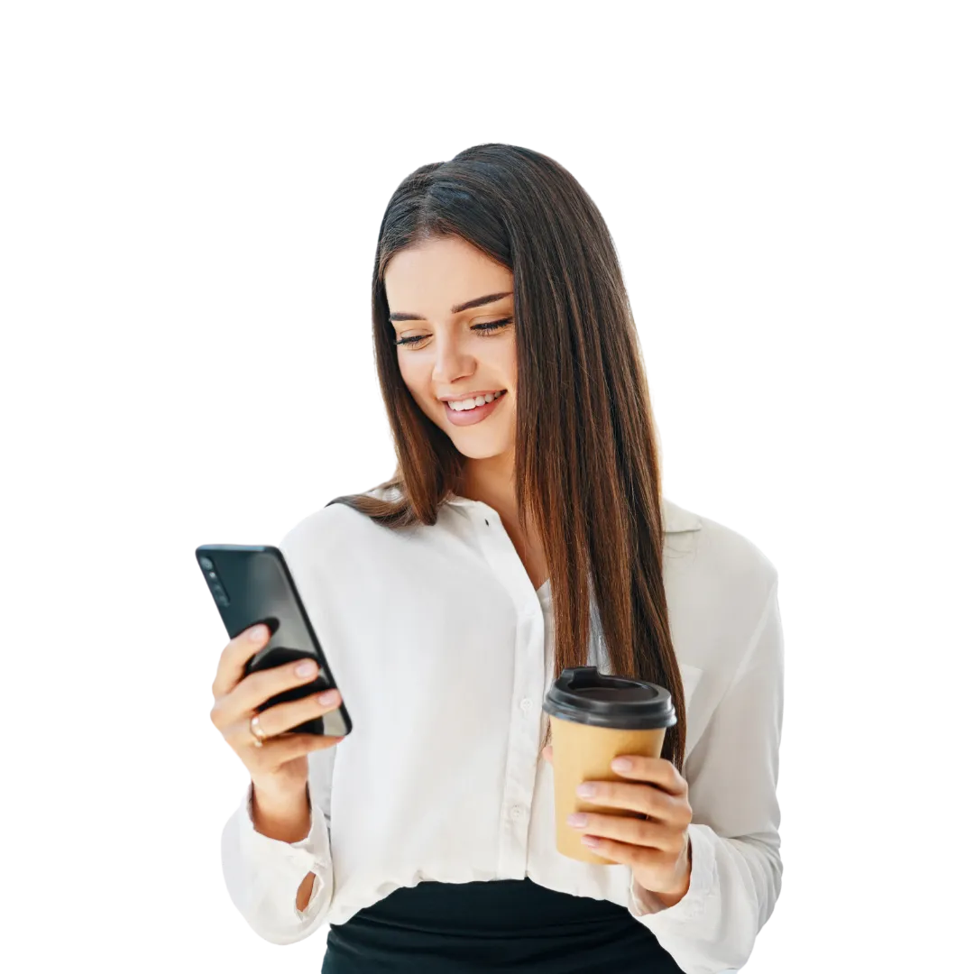 Woman with coffee and phone