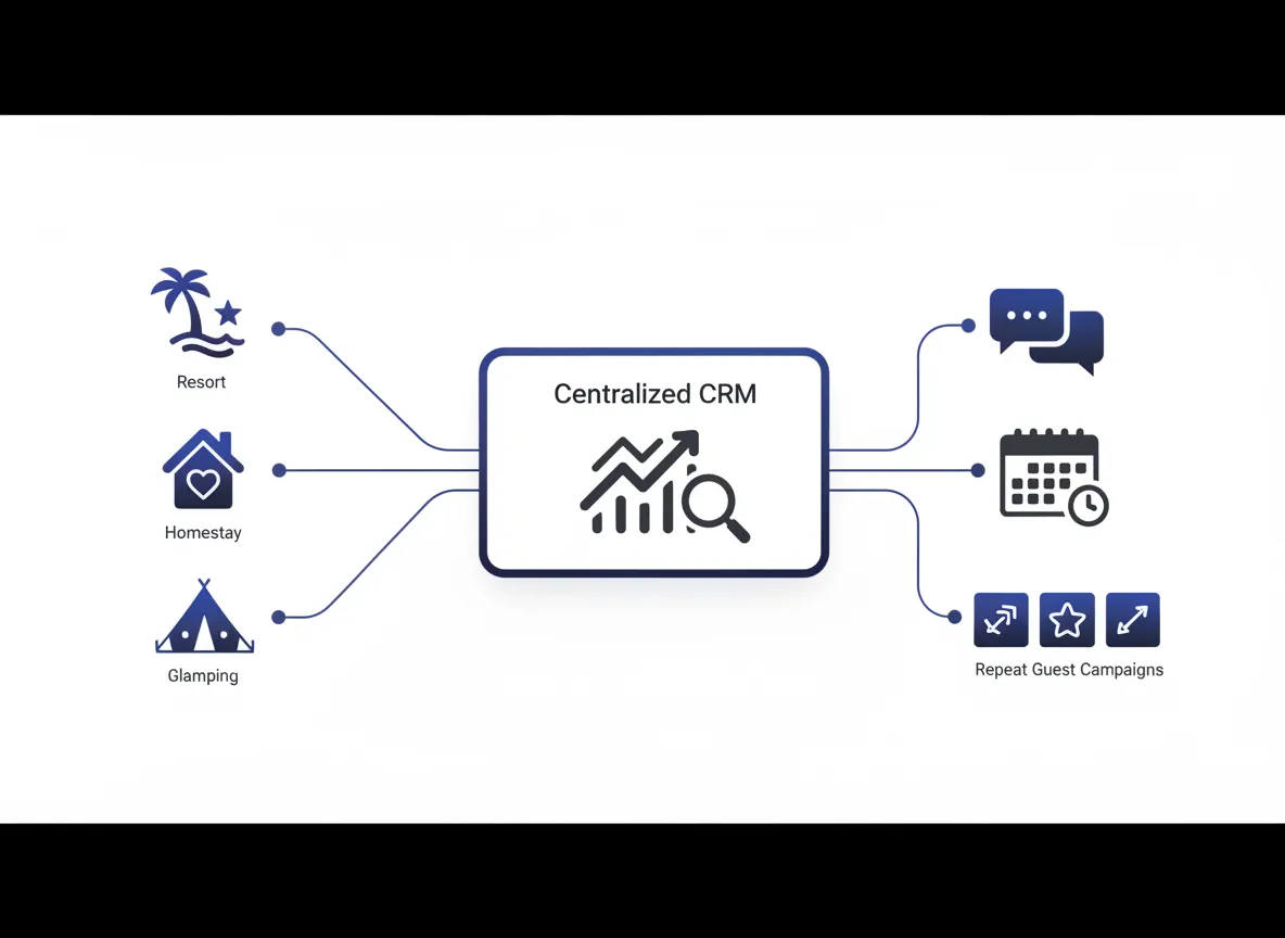Hospitality booking system visual showing enquiry sources flowing into CRM and WhatsApp automation