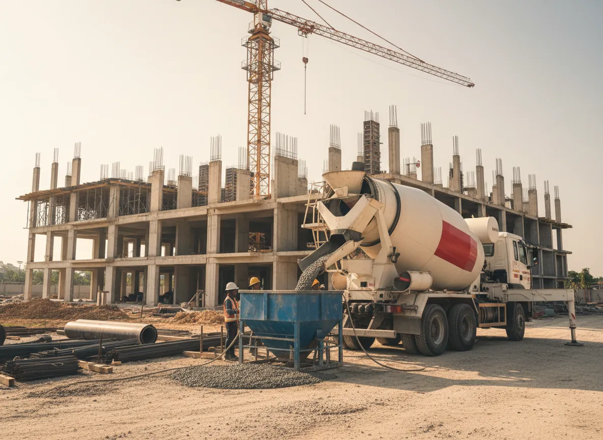 Ready-mix concrete truck delivering to commercial site