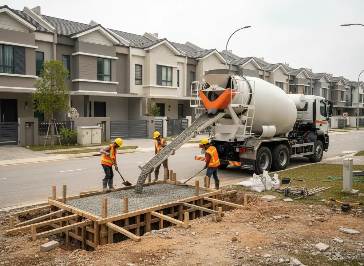 Volumetric concrete mixing truck on site