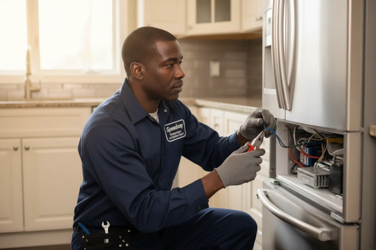 Speedway Refrigeration and Appliance Repair technician repairing a refrigerator in the kitchen