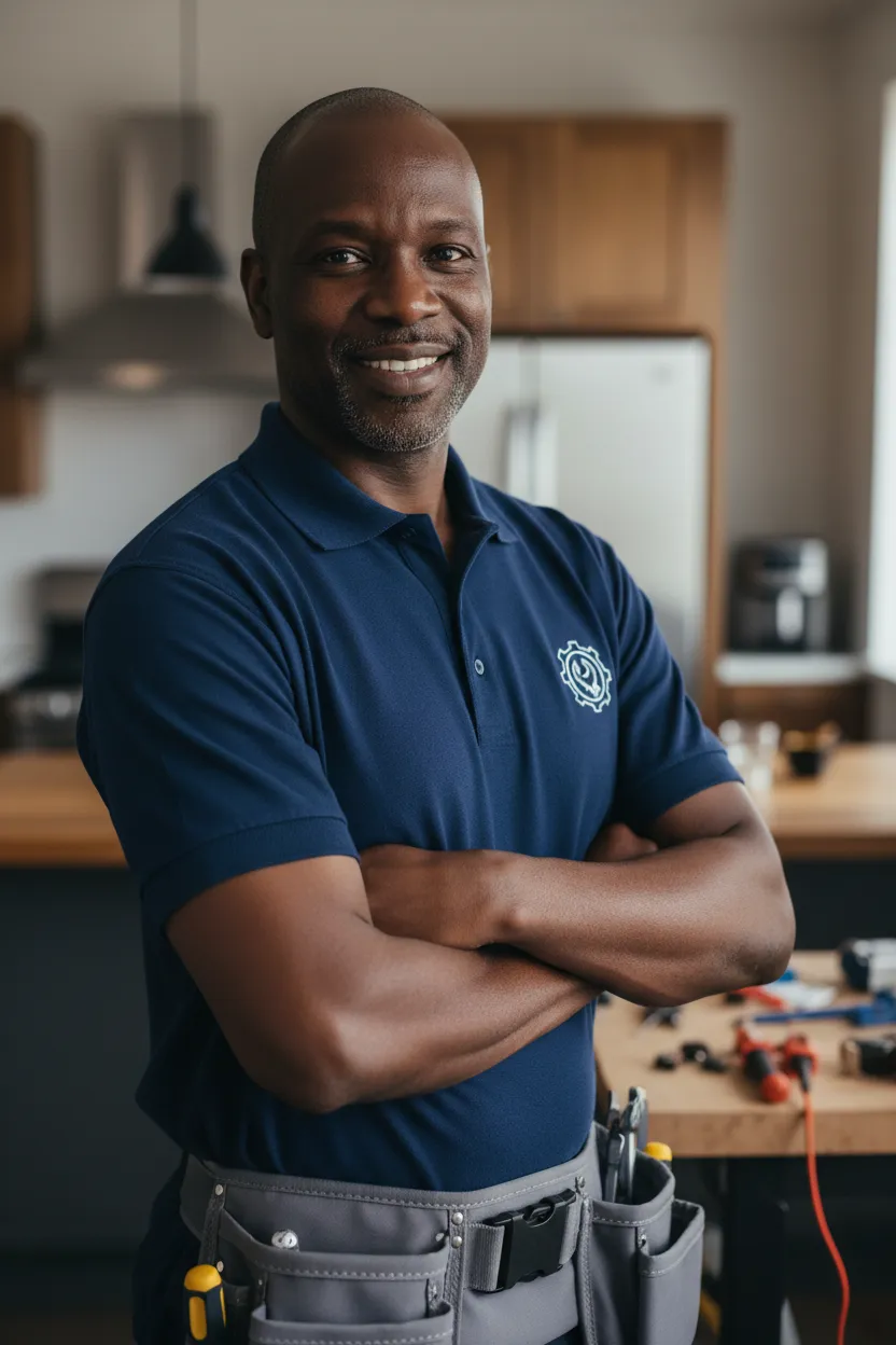 Middle-aged African American male (around 54) wearing an appliance repair uniform