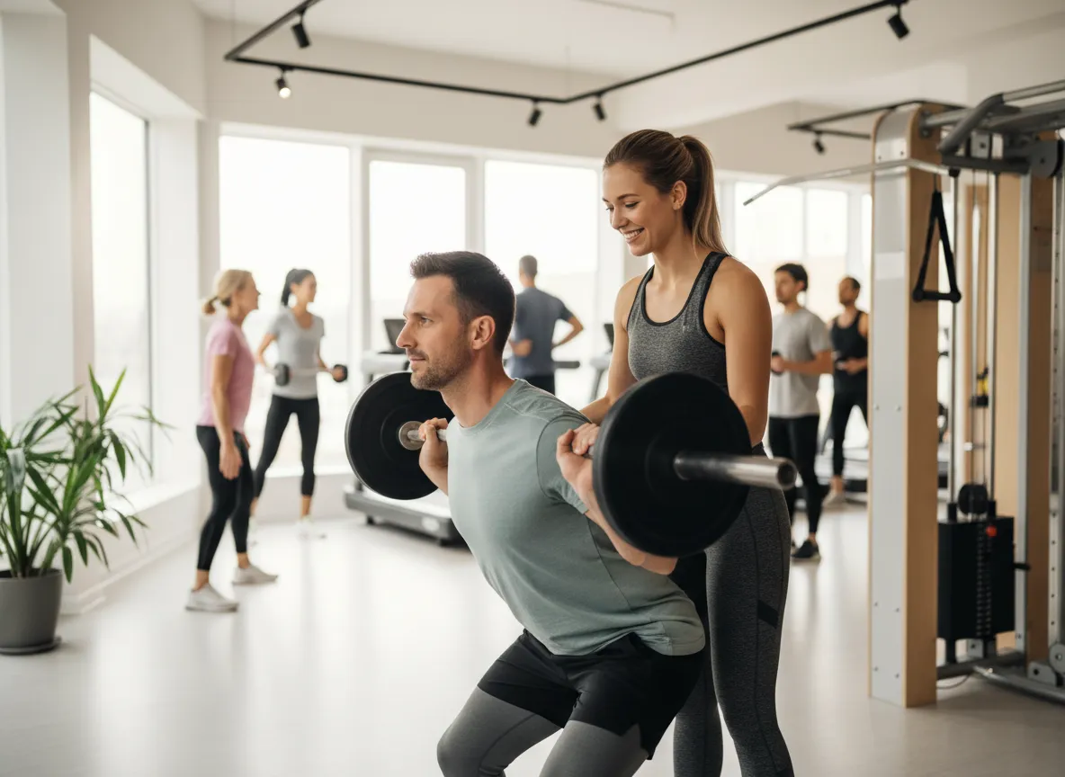 PeakWell Fitness coach supporting a client during a workout