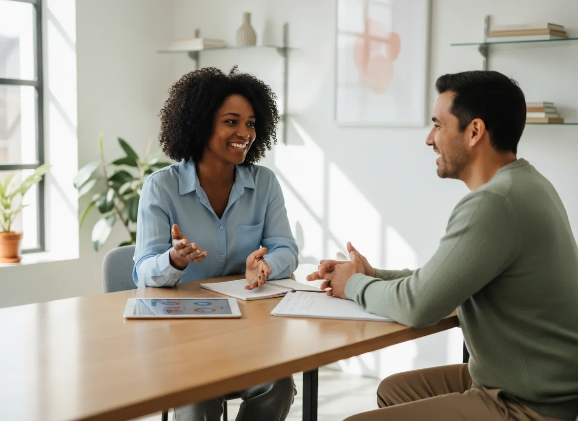 Health and fitness professional speaking with a client during a consultation
