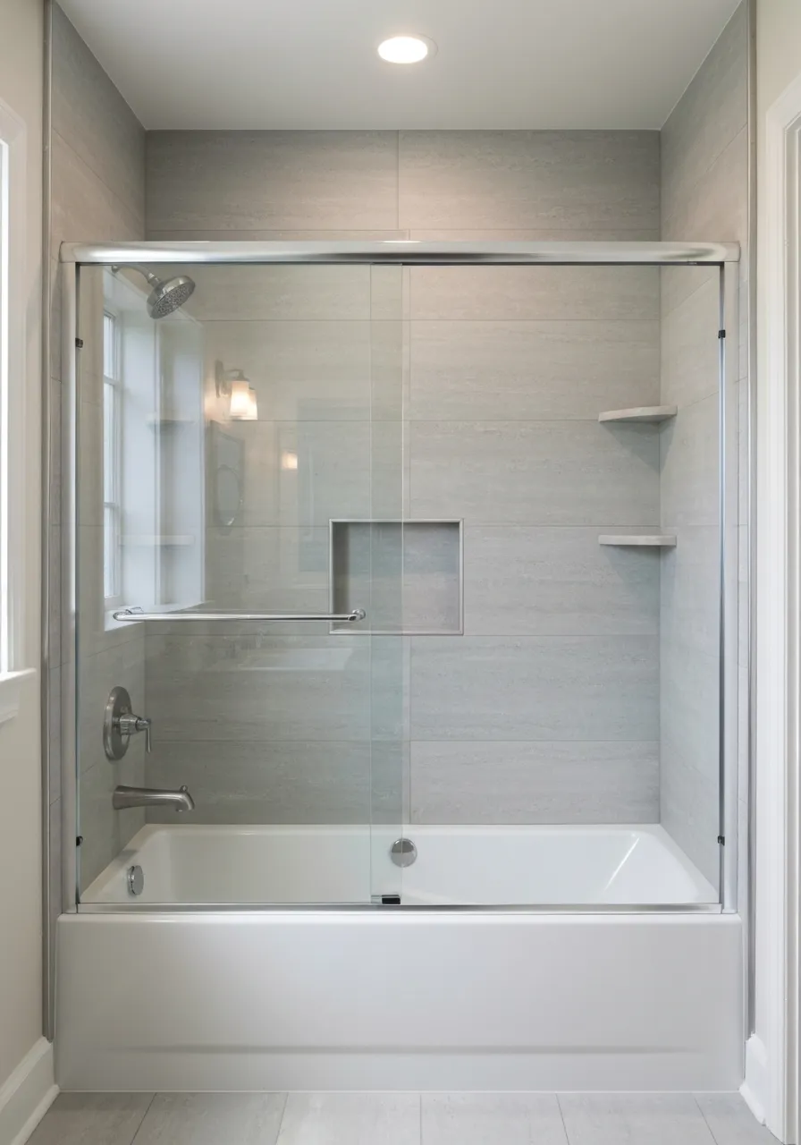 Bright, modern tub-to-shower conversion with marble textures and chrome fixtures
