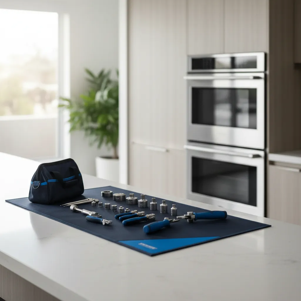 Clean, uniformed appliance technician inspecting a residential kitchen