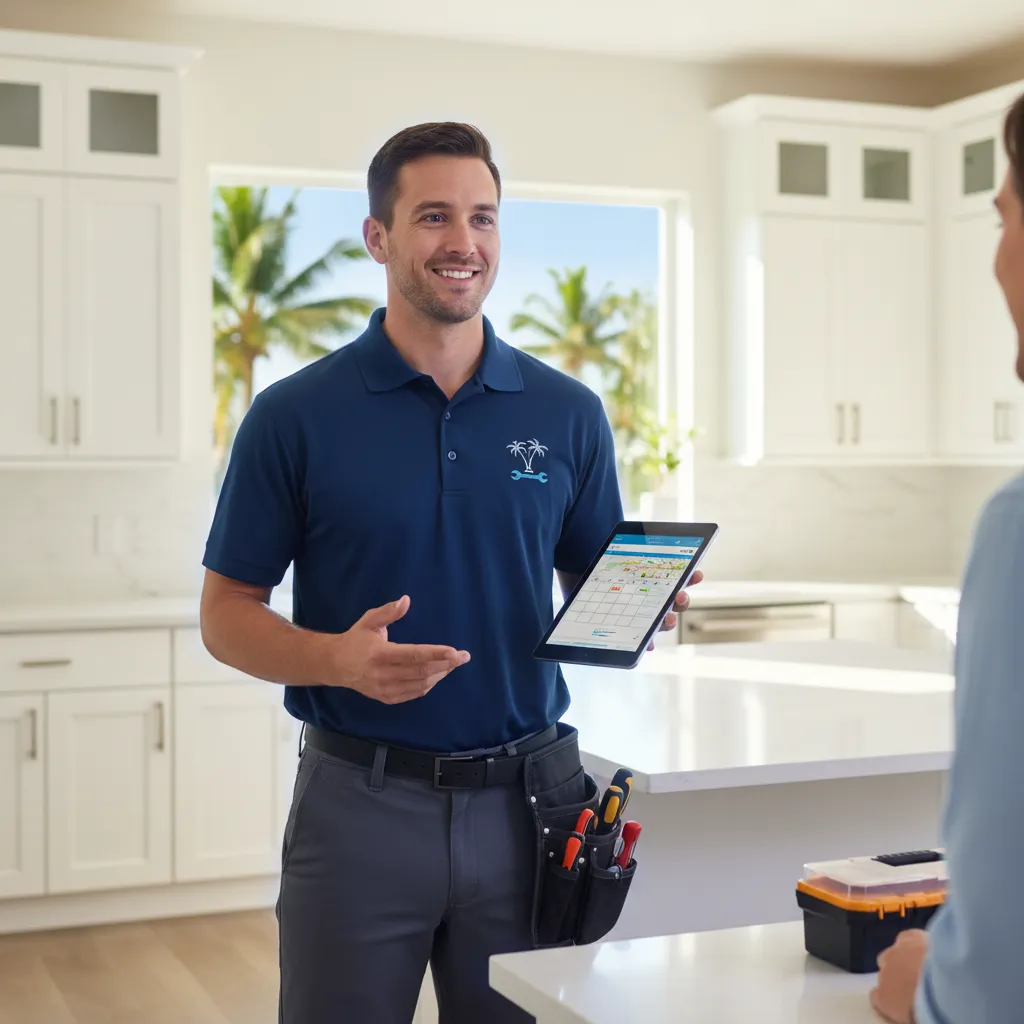 Professional appliance repair technician holding a tablet