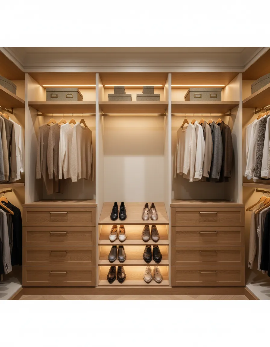 Custom reach-in closet design demonstrating excellent space utilization