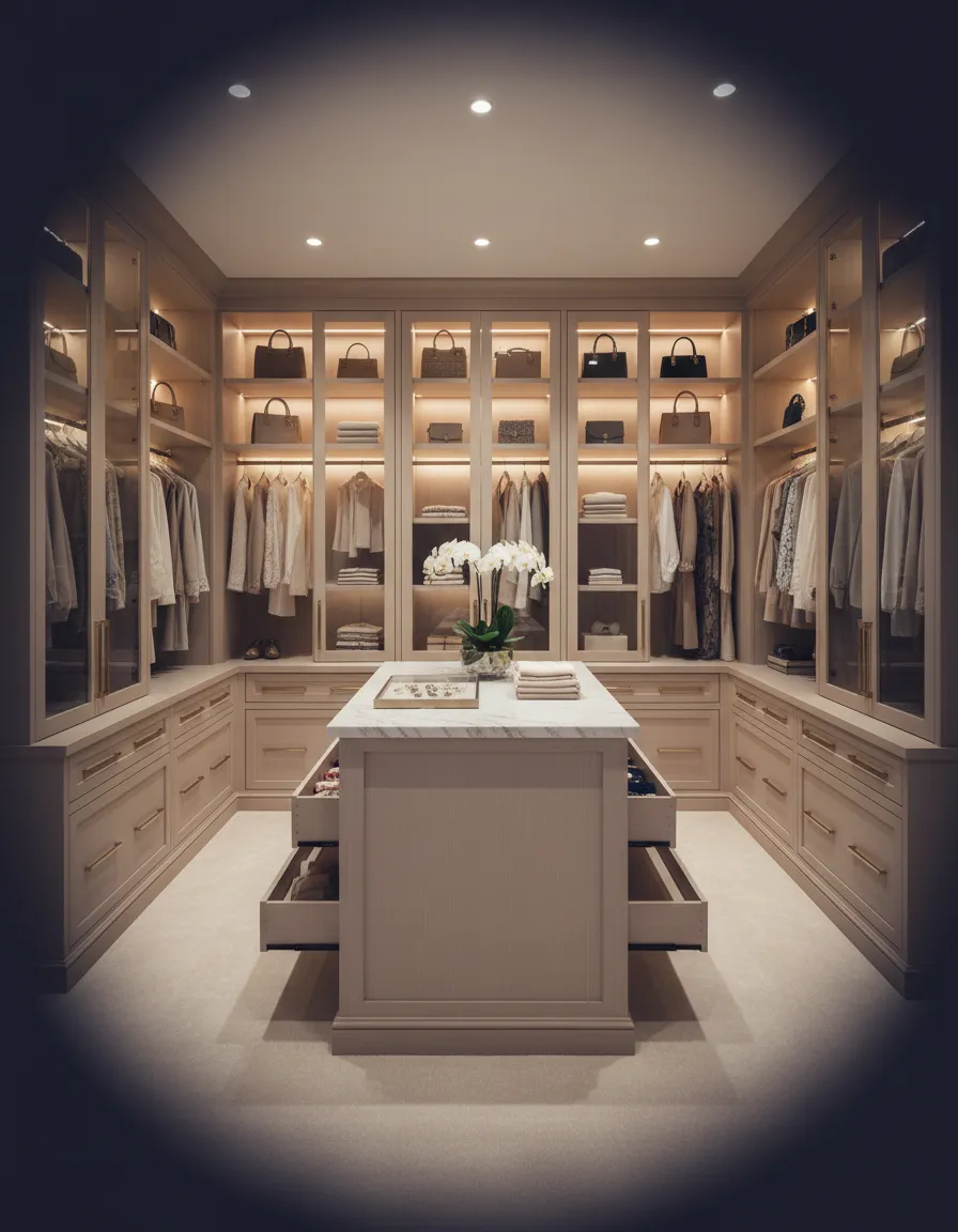 Warm white-oak custom walk-in closet design in Palm Beach County