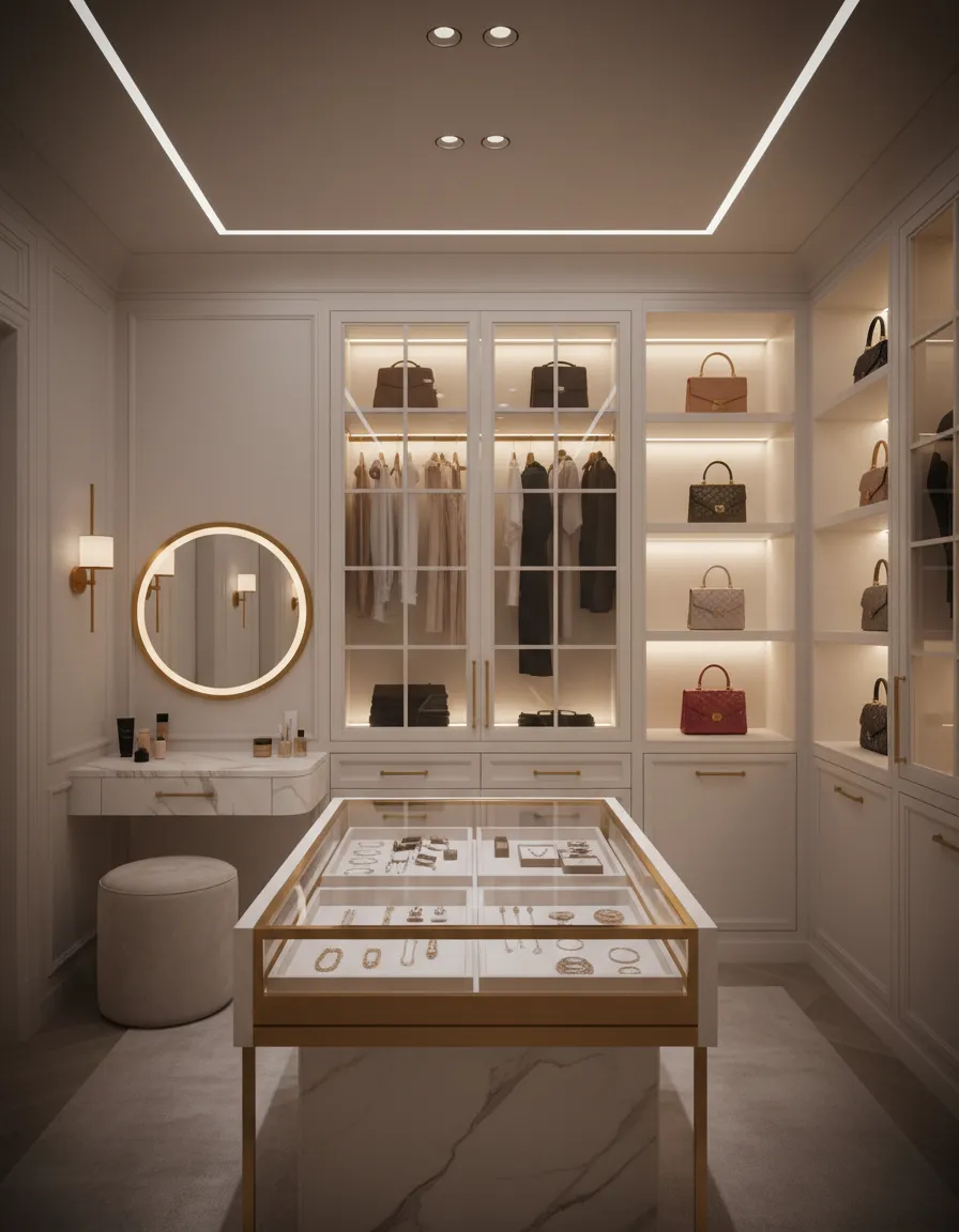 Soft-white custom dressing room with island and jewelry storage
