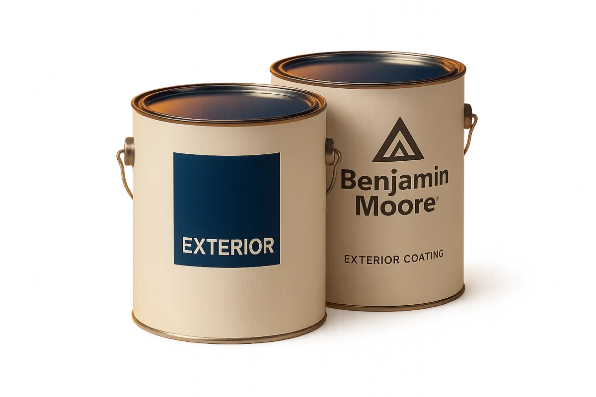 Premium Sherwin-Williams and Benjamin Moore exterior coating cans staged cleanly in a professional jobsite setting beside a bright white stucco wall