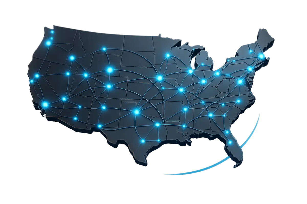 Cinematic data visualization of massive nationwide HVAC market search demand, glowing data nodes across a US map, private equity style