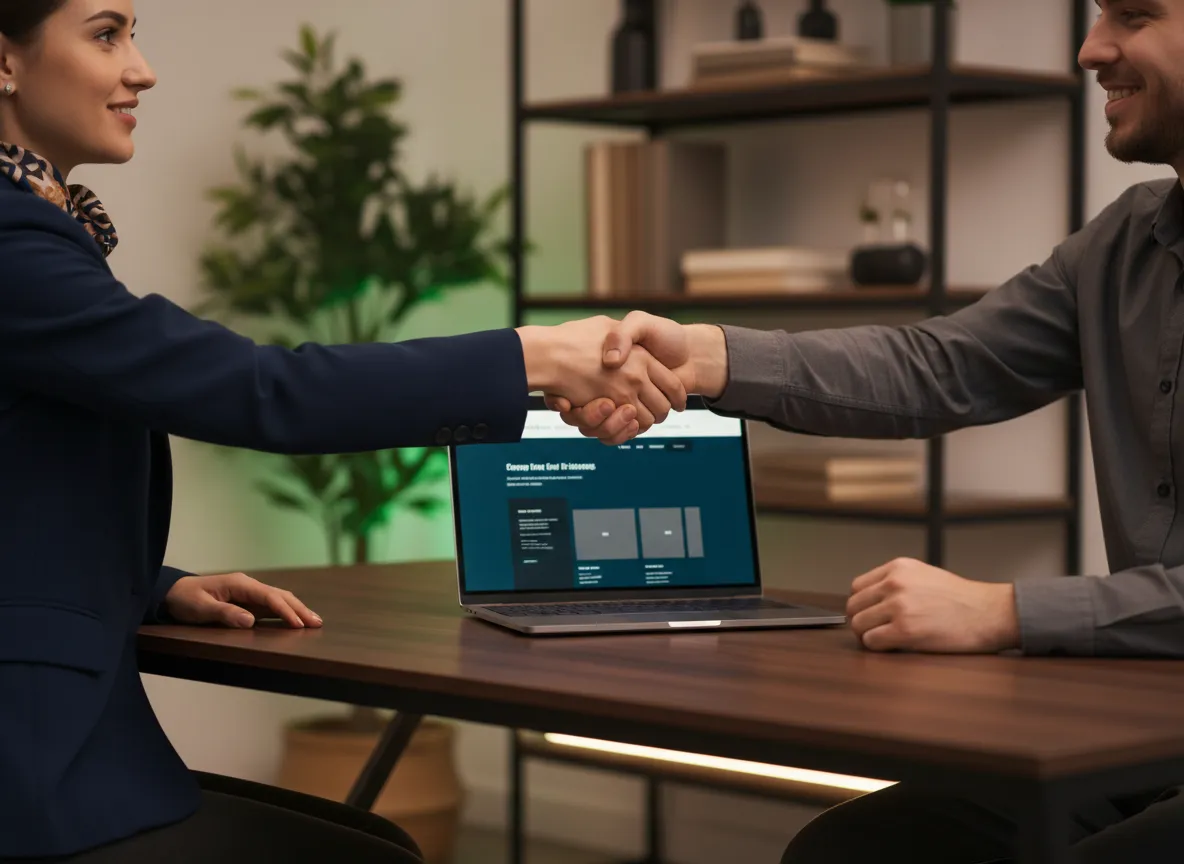 Local business owner shaking hands with web designer in a modern office