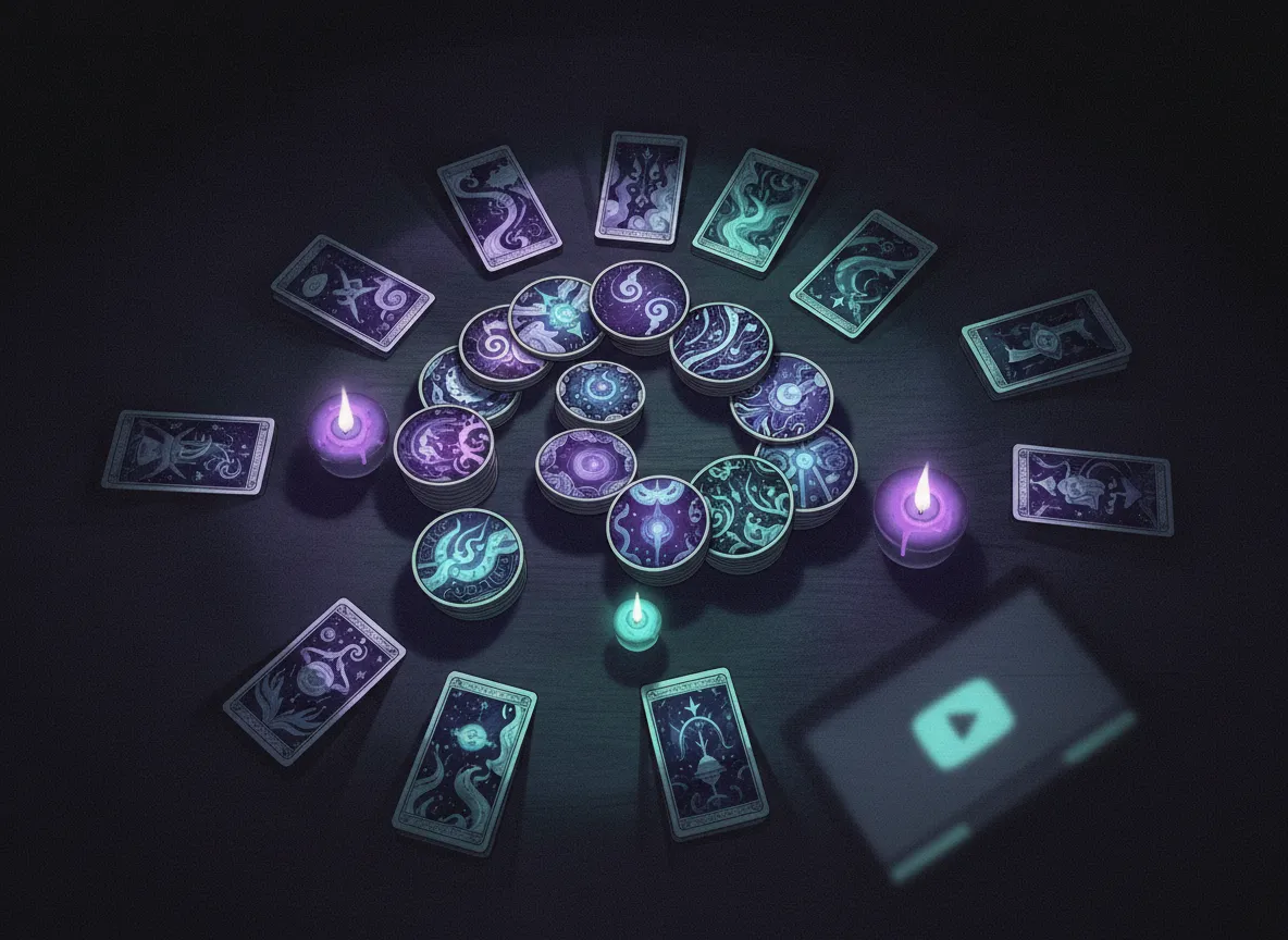 Abstract, dreamy illustration of intuitive card readings with cool-toned shadows and floating cards