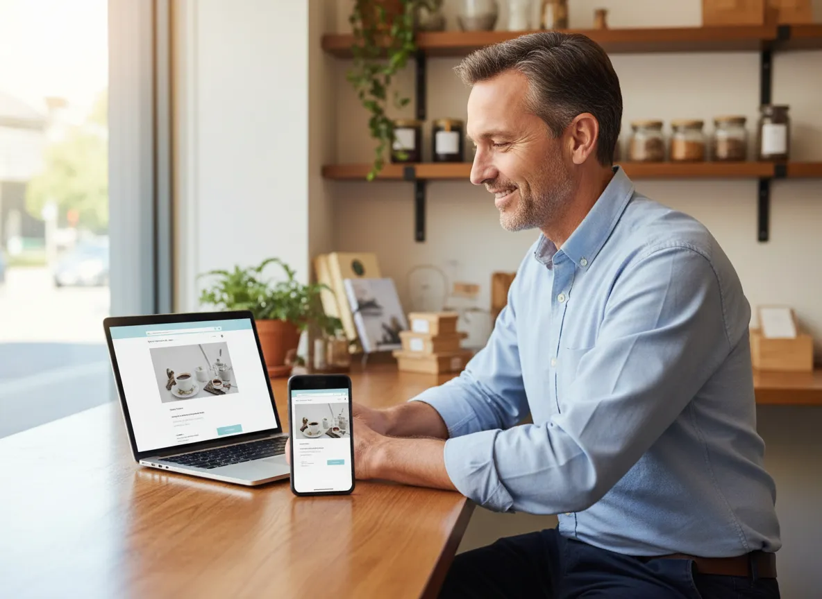 Local business owner reviewing new website design on laptop and phone