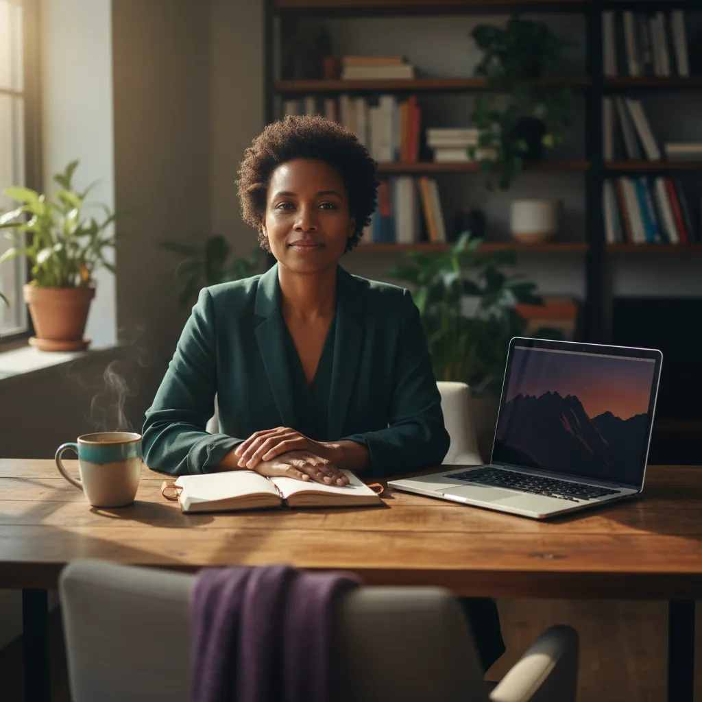 A diverse college faculty member reflecting calmly with a warm beverage