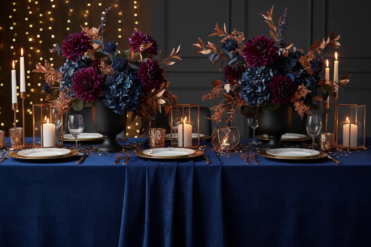 Rich navy blue tablecloth on a rectangular table, styled for a modern party
