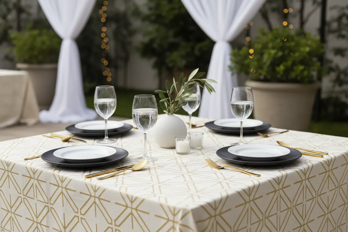 Patterned tablecloth with gold geometric design, covering a square table at a chic event