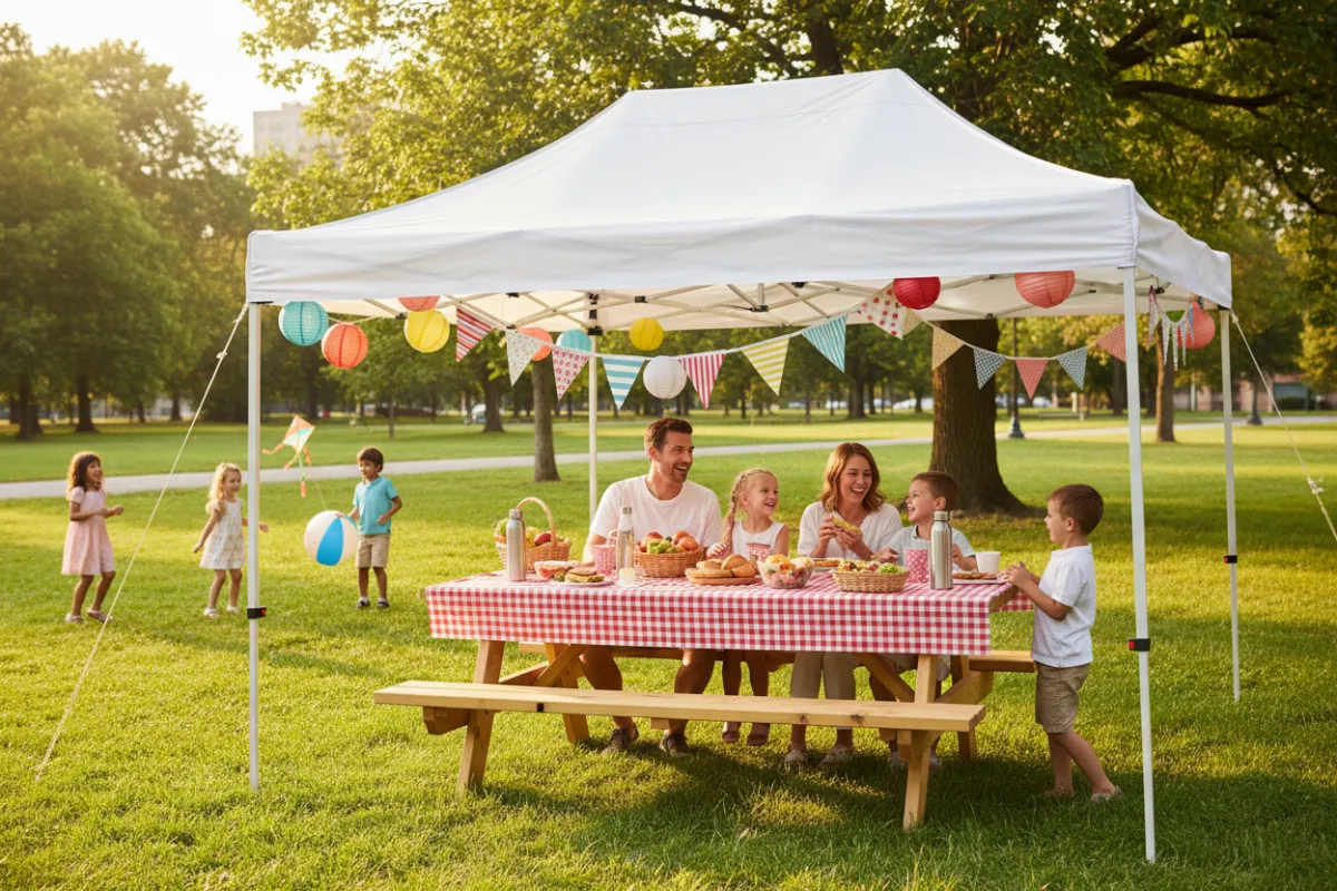 A 10x15 canopy tent providing shade for a family picnic in a city park, with picnic tables, children playing nearby, and colorful decorations hanging from the tent frame.