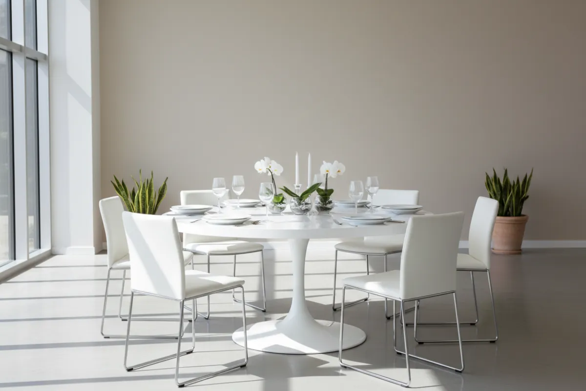 A round banquet table with a crisp white finish, elegantly set for six guests, placed in a sunlit event space with minimalistic decor.