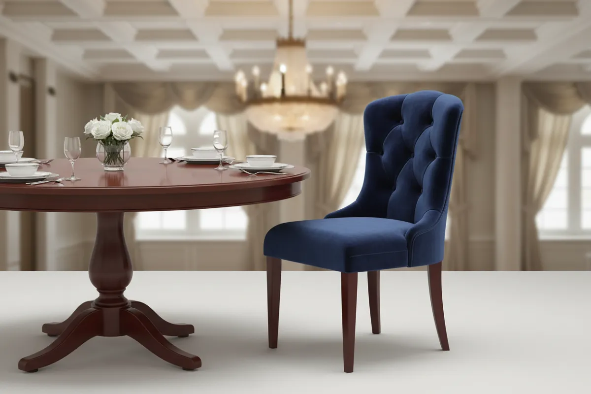 Padded banquet chair with navy upholstery, arranged around a round table