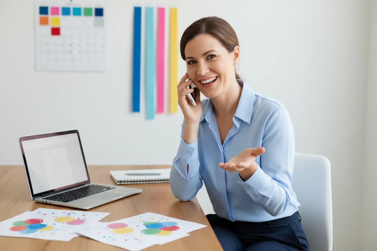 A cheerful event planner speaking on the phone at a desk, surrounded by event brochures and a laptop, with a calendar and color swatches in the background. The scene conveys professionalism and readiness to assist with party rental reservations.