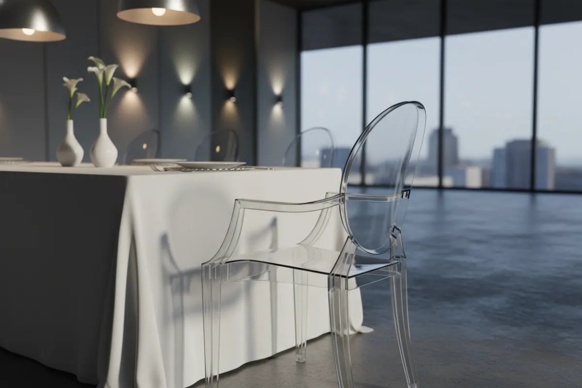 Clear acrylic ghost chair at a modern event table, reflecting ambient lighting