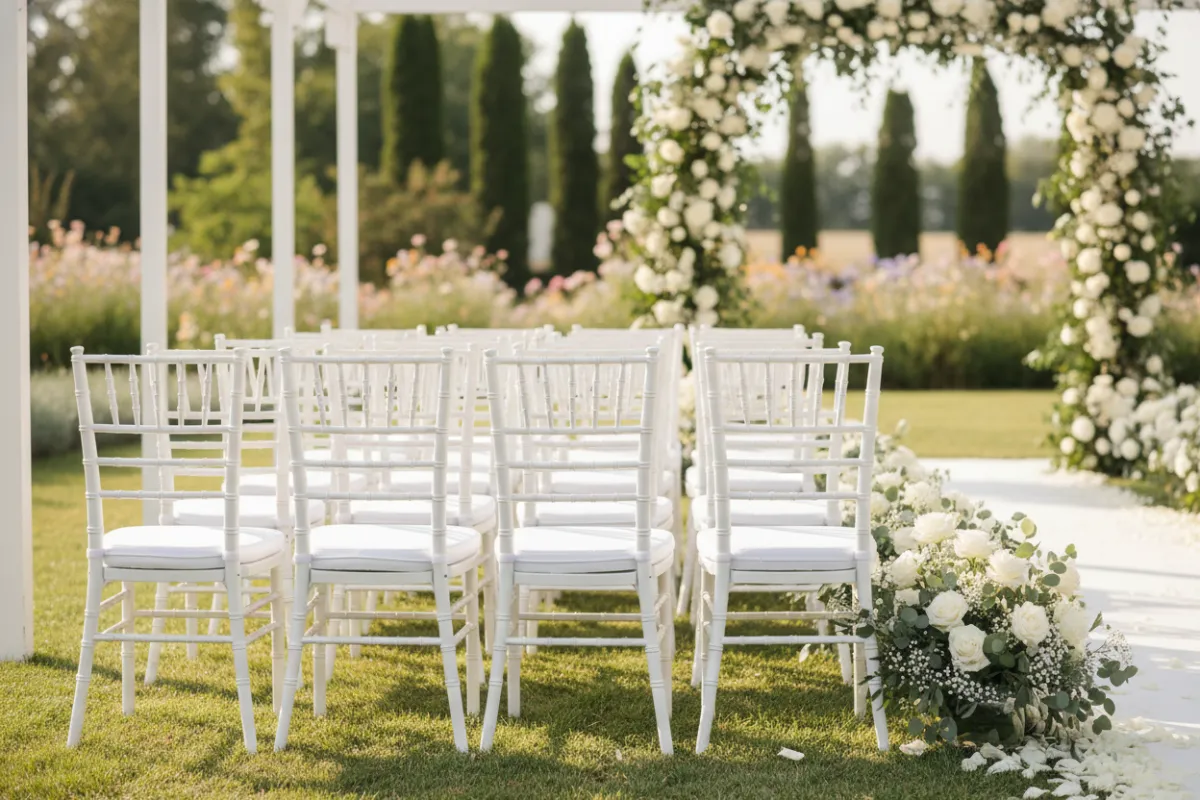 White Chiavari chair with cushion, arranged in rows for a wedding ceremony