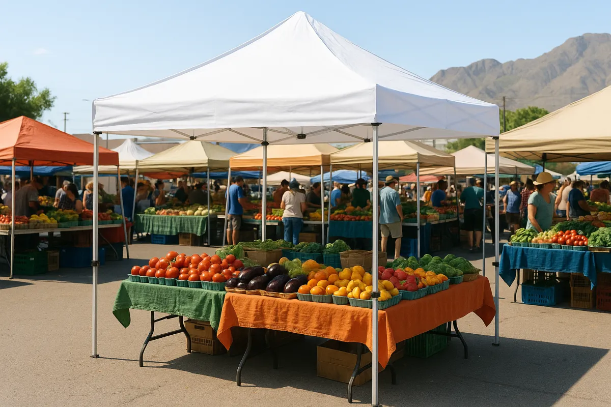 10x10 pop-up tent at a busy local farmers market providing shade and convenience.